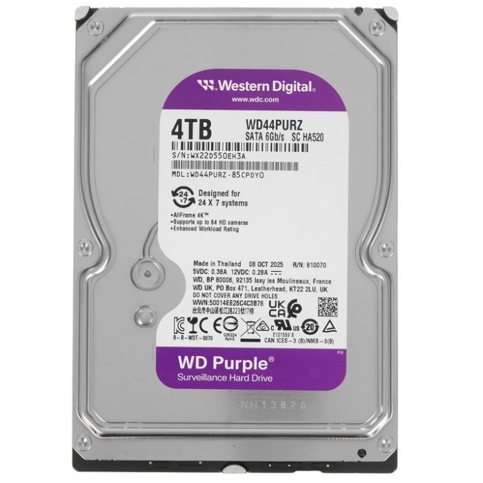 Жесткий диск для видеонаблюдения HDD 4Tb Western Digital Purple SATA 6Gb/s 256Mb 3,5" WD44PURZ